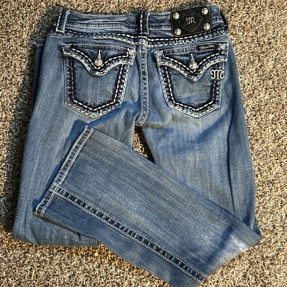 Y2K Miss Me Jeans Size 27 X 31 Low Boot Cut Heavy Stitch Flap Pockets Low Rise